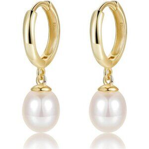 Gold pearl hoop earrings for women sterling silver freshwater pearl drop hoops